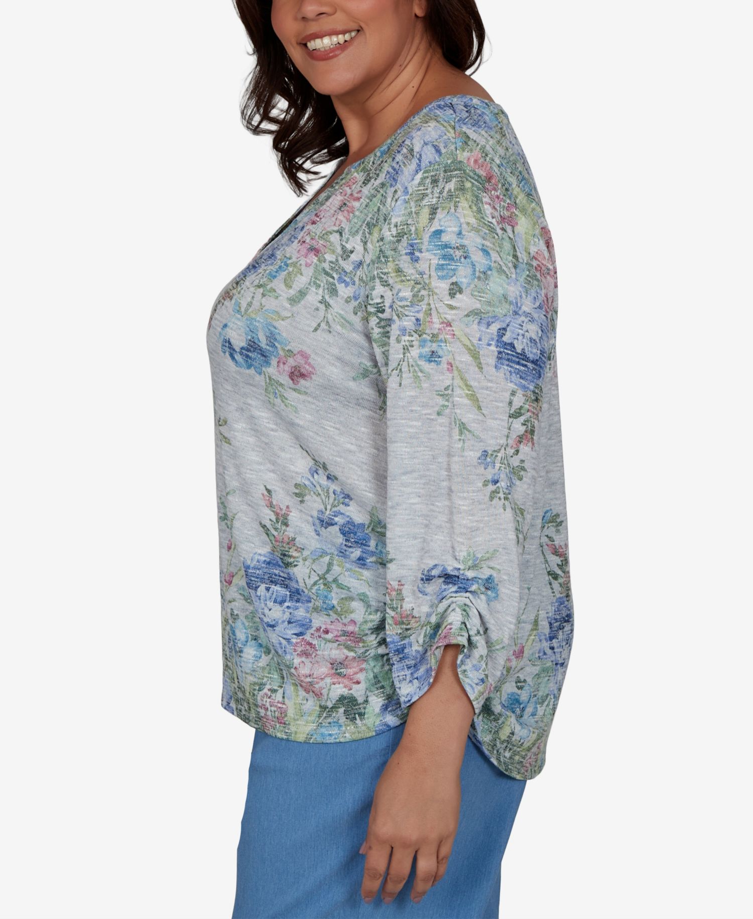 Plus Size Provence Floral Borders 3/4-Sleeve Button-Up Henley Top