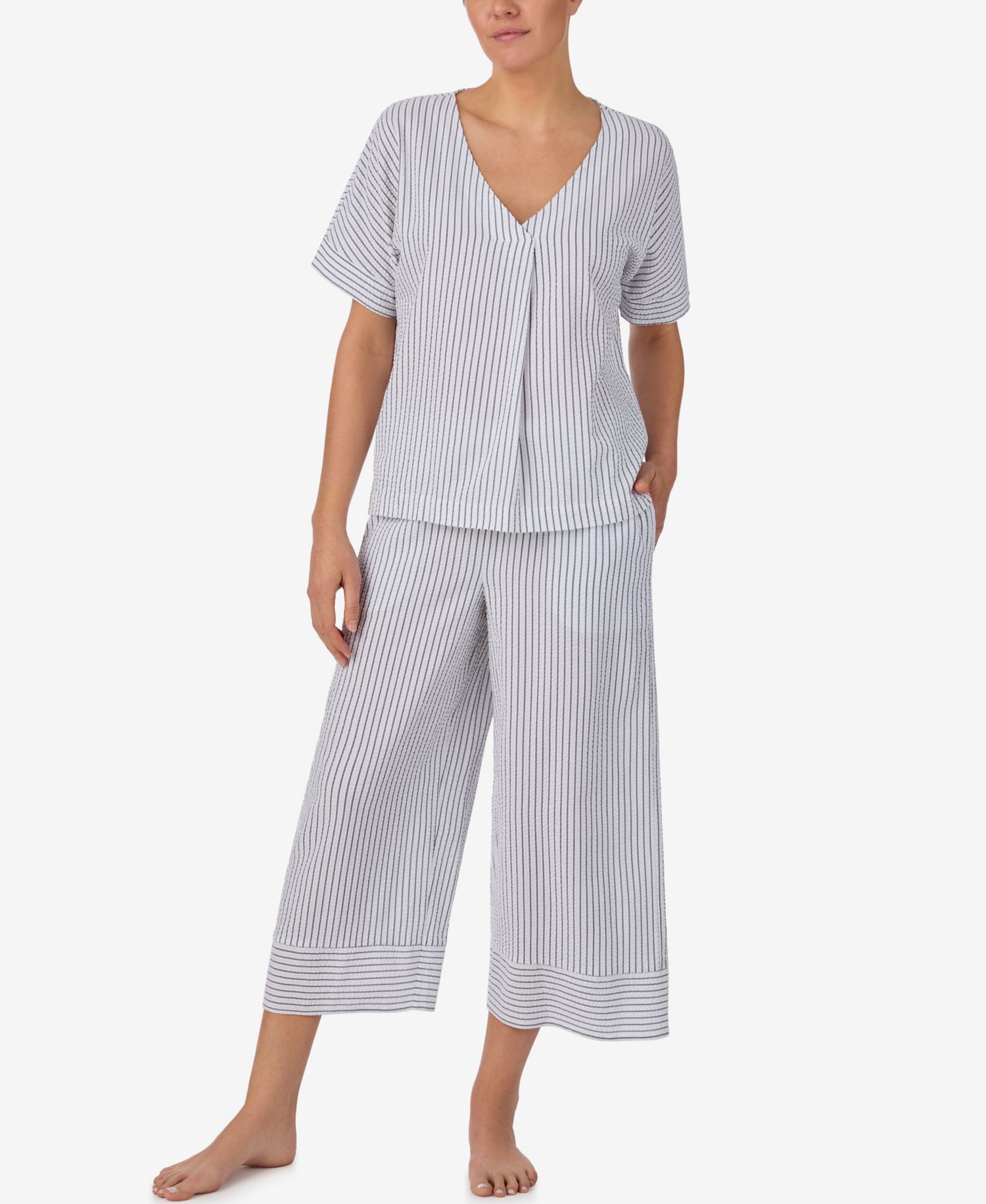 Women's Seersucker V-Neck Dolman Short-Sleeve Top and Pants Pajama Set