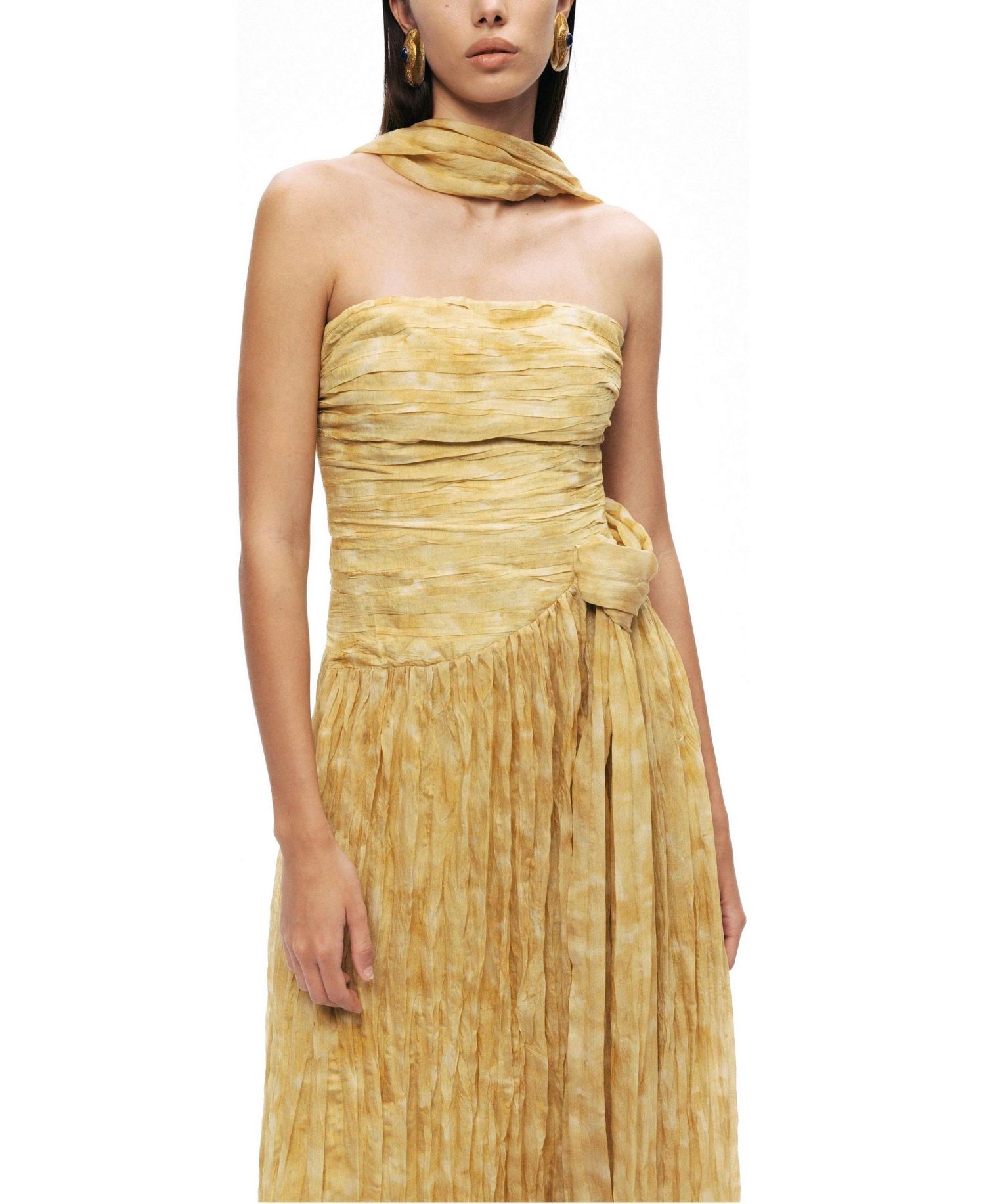 Women's Strapless A-Line Ruched Corset Bodice Viscose-Blend Midi Dress