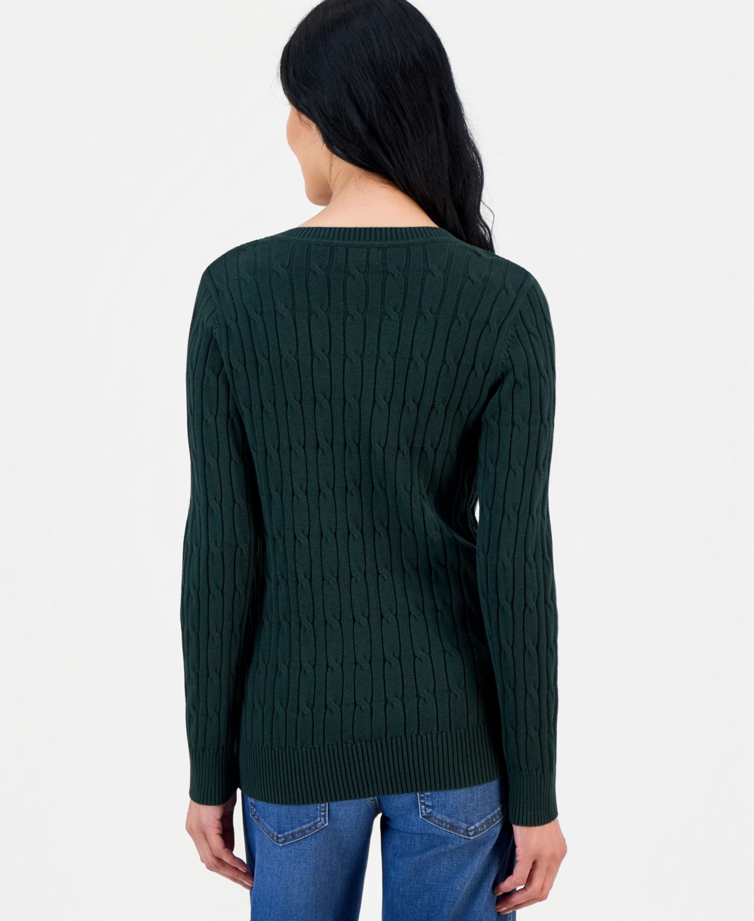 Petite Cotton Cable-Knit V-Neck Sweater