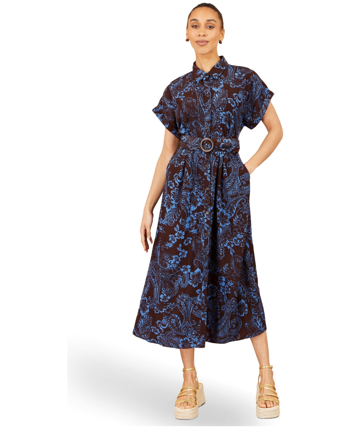 Yumi Women's Paisley Belted Short-Sleeve Shirt Dress