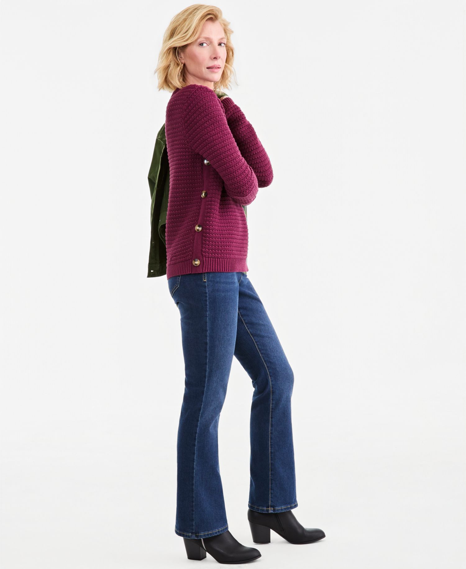 Plus Crewneck Ribbed-Knit Side-Button Sweater
