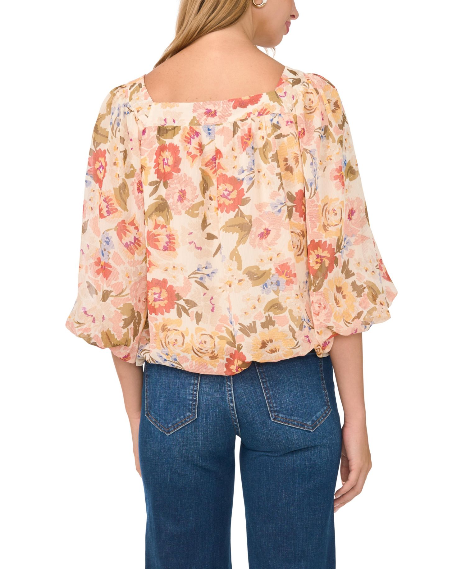 Women's Square-Neck 3/4-Sleeve Floral Blouse
