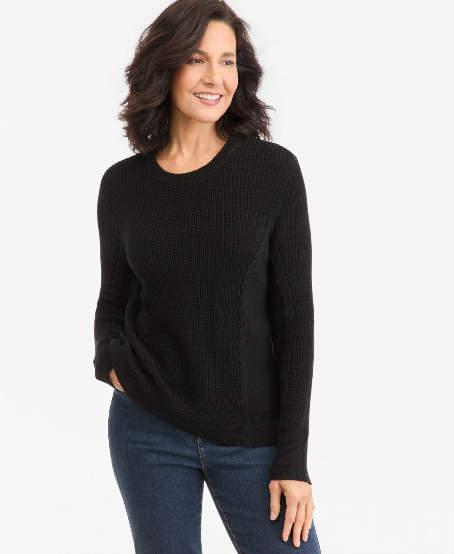 Petite Mixed Rib Cable-Knit Cotton Crewneck Pullover