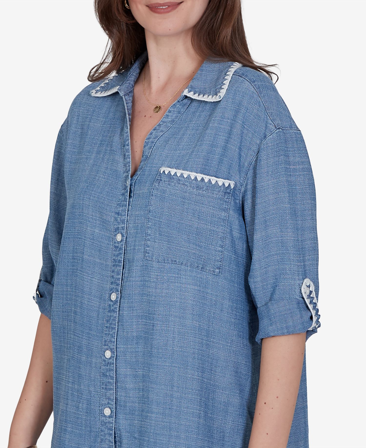 Petite 3/4-Sleeve Crochet-Trim Top with Curved Hem