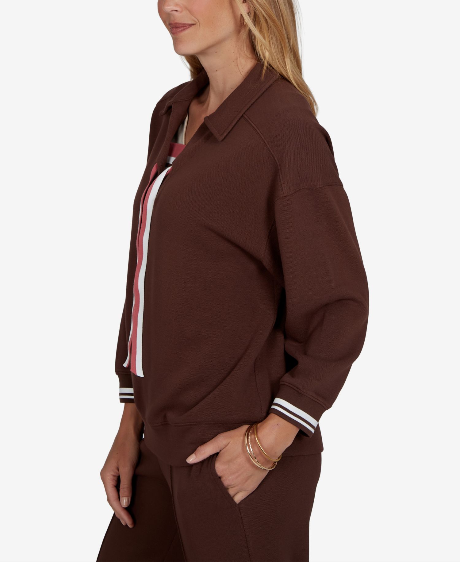 Petite Drawstring Stripe-Trim 3/4-Sleeve Pullover Top