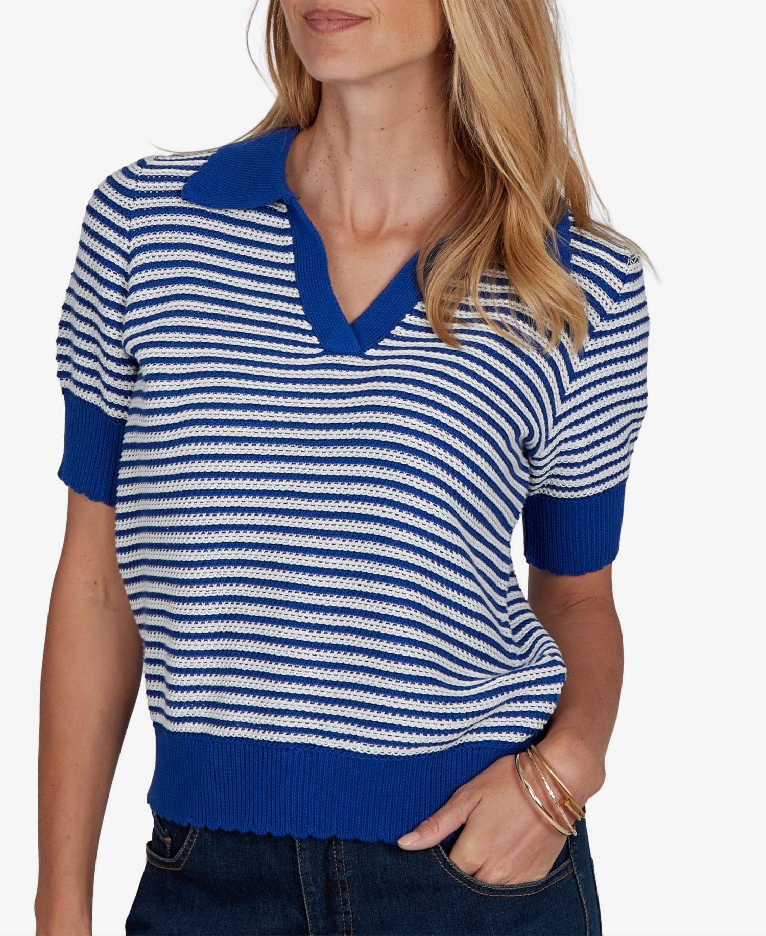 Petite Two-Tone Collared Elbow-Sleeve Sweater