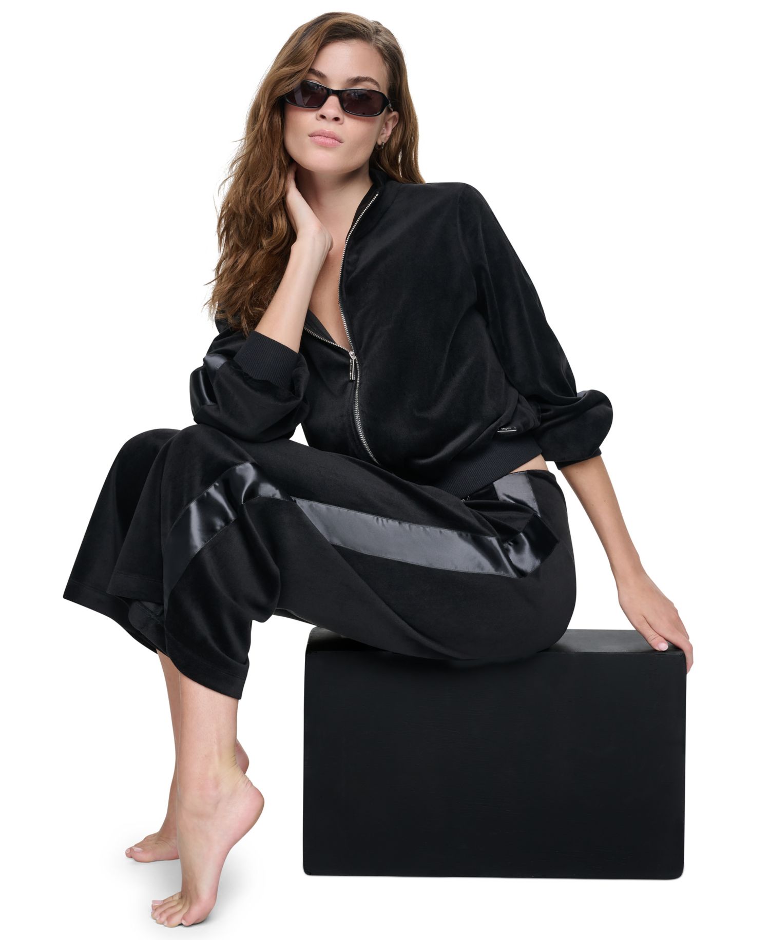 Petite Velour and Satin Trim Pull-On Wide-Leg Pants