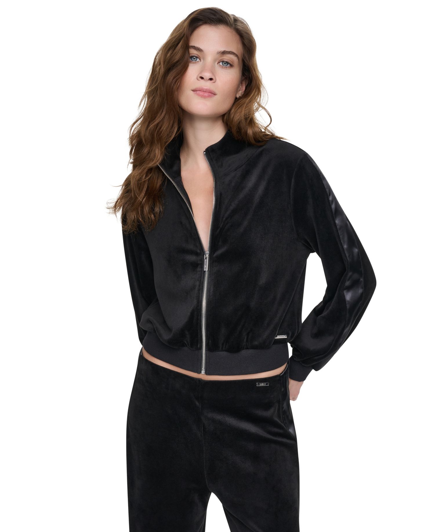 Petite Velour and Satin Trim Mock-Neck Zip-Front Jacket
