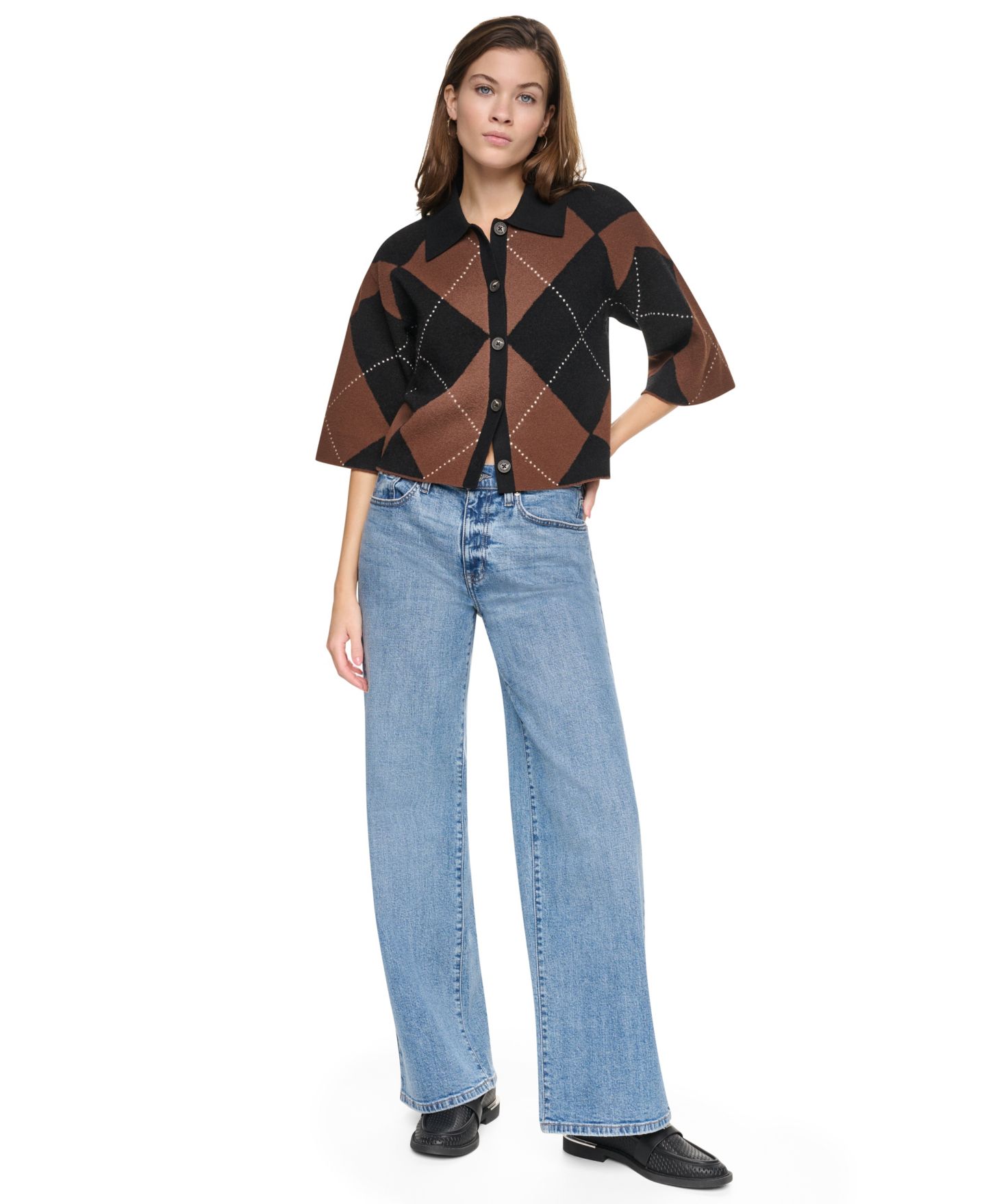 Женский кардиган DKNY Jeans Petite Argyle Collared, цвет: Чёрный / Каштановый — фото 2