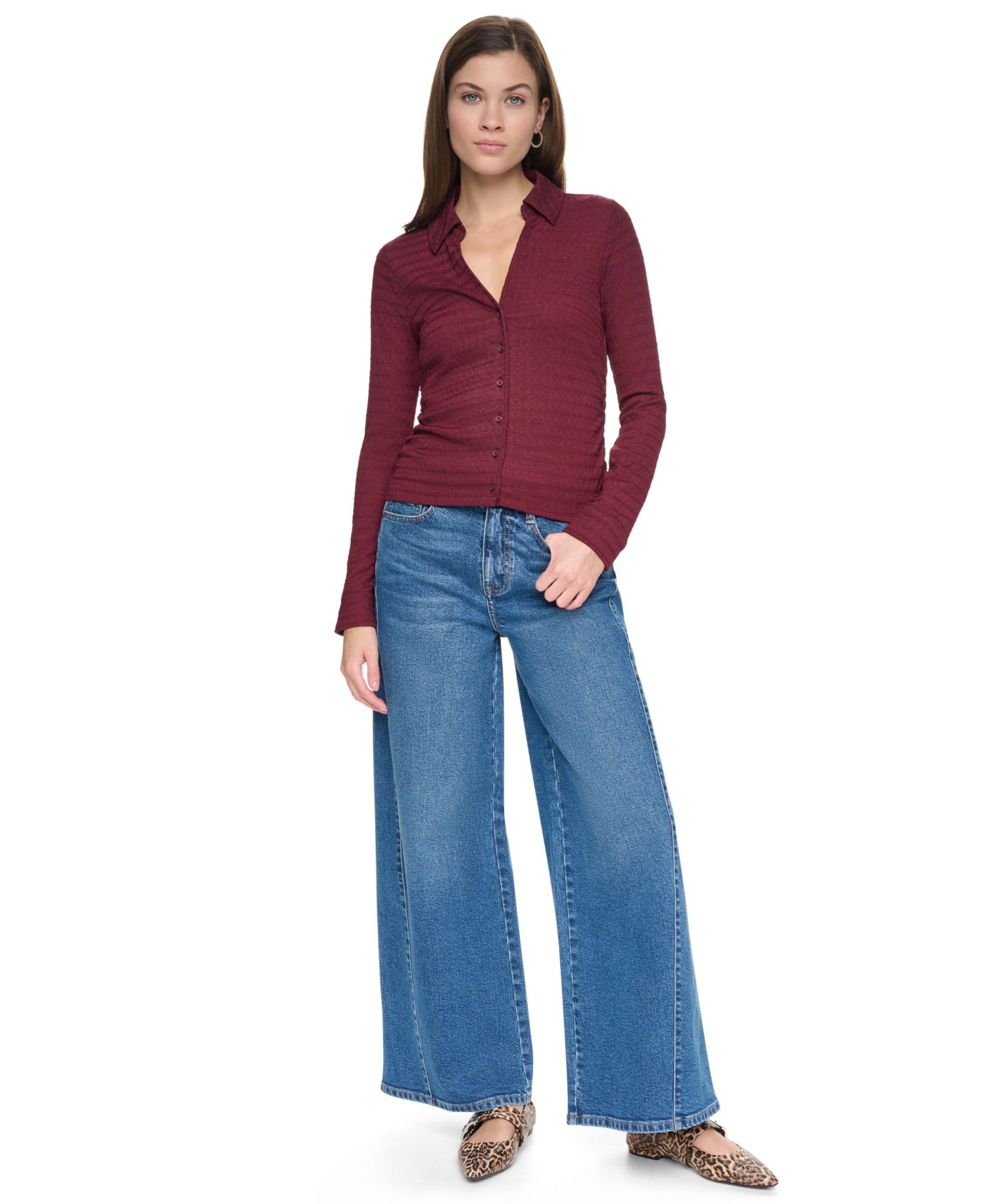 Petite Textured Knit Button Front Top
