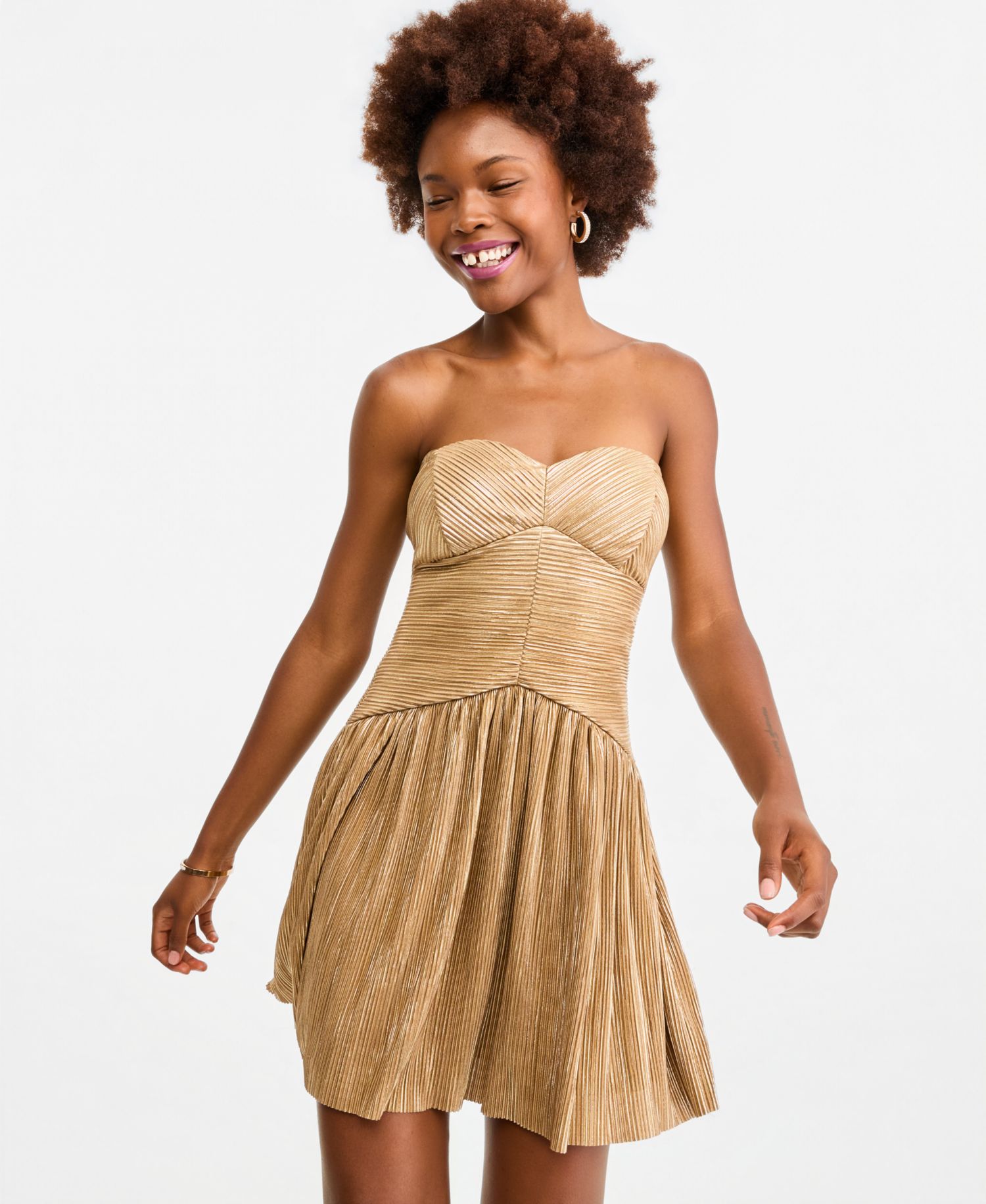 Juniors' Pleated Foil Fit and Flare Dress