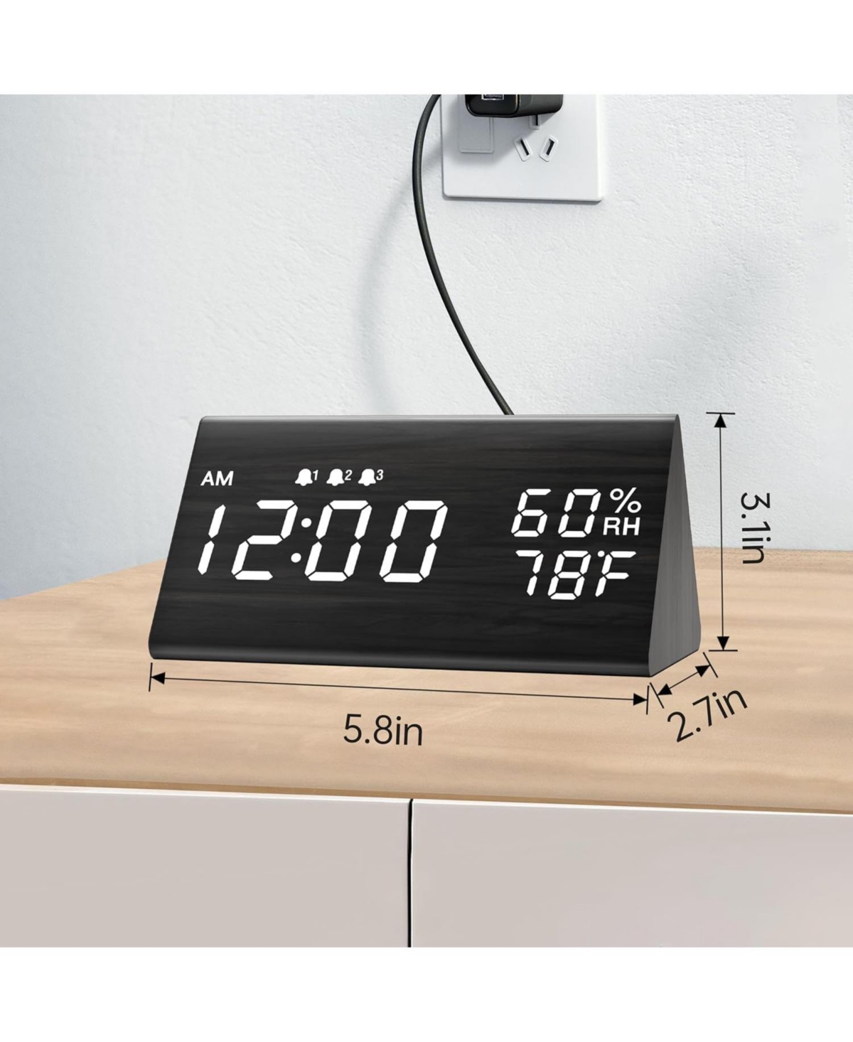 Jall Wooden Digital Alarm Clock 3 Alarms with Weekday Mode Humidity and Temperature Sensor Adjustable Brightness Usb to Barrel Cord No Batteries