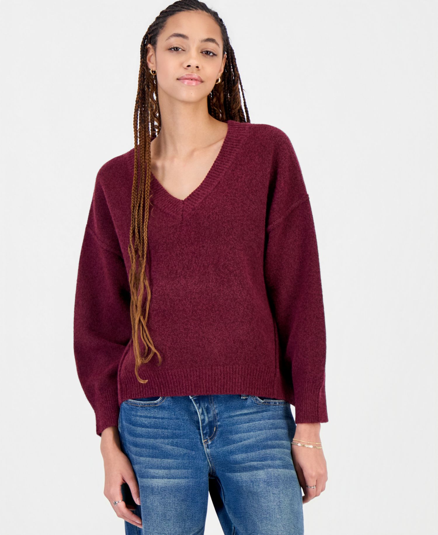 Juniors' Oversized V-Neck Long Sleeve Sweater