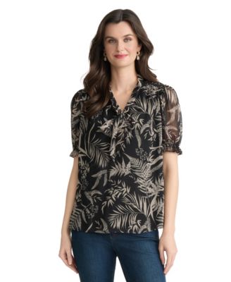 Women's Tie-Neck Puff-Sleeve Top