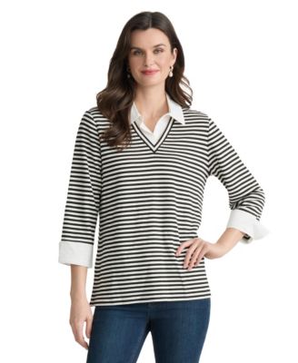 Women's Striped Collared 3/4-Sleeve Two-Fer Top