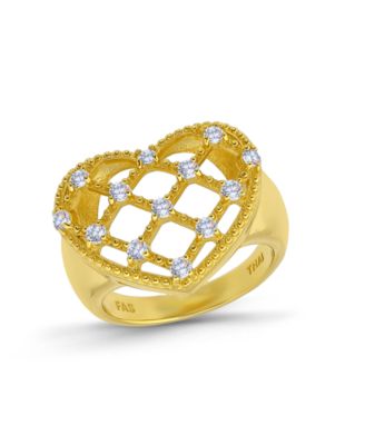 14k Gold-Plated Round Cubic Zirconia Lattice Heart Shaped Ring