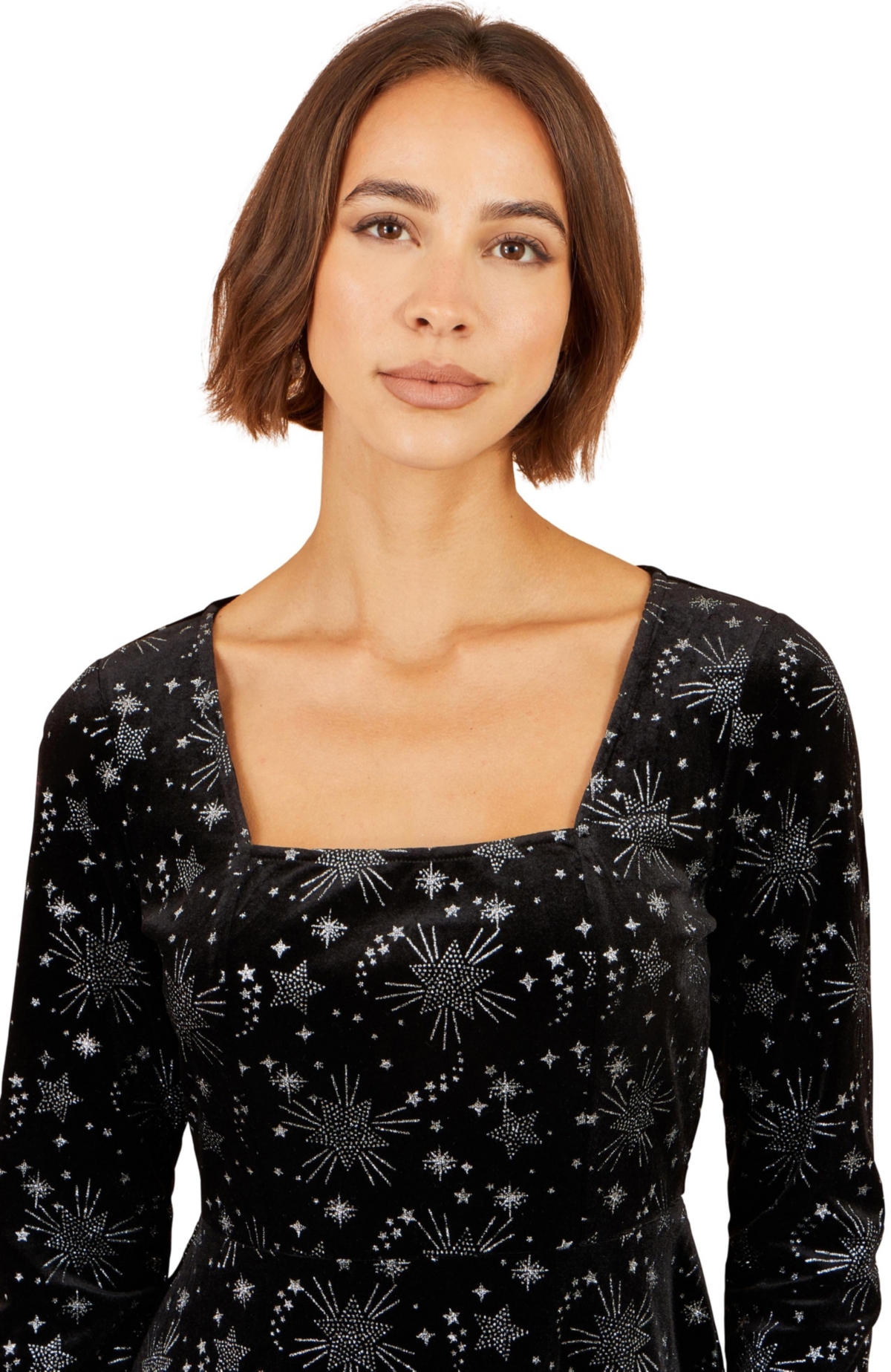 Yumi Women's Starburst Long-Sleeve Square-Neck Velvet Skater Dress
