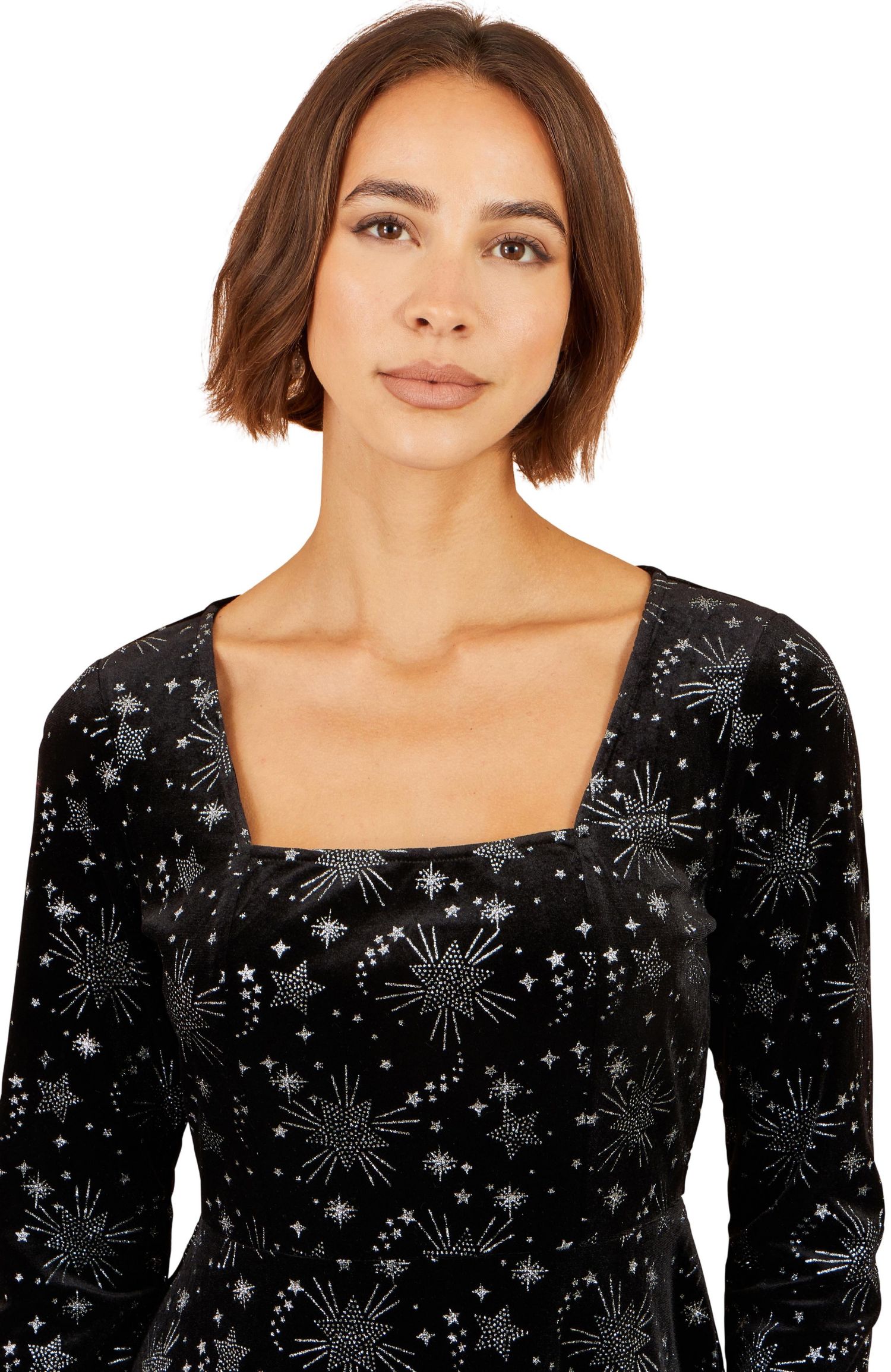 Women's Starburst Long-Sleeve Square-Neck Velvet Skater Dress