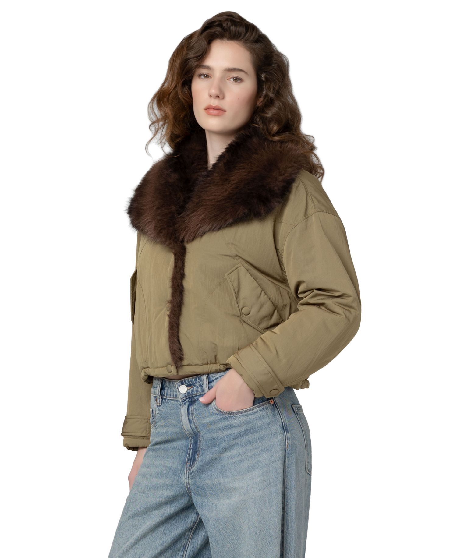 Women's Shawl Collar Faux-Fur Trim Cropped Jacket