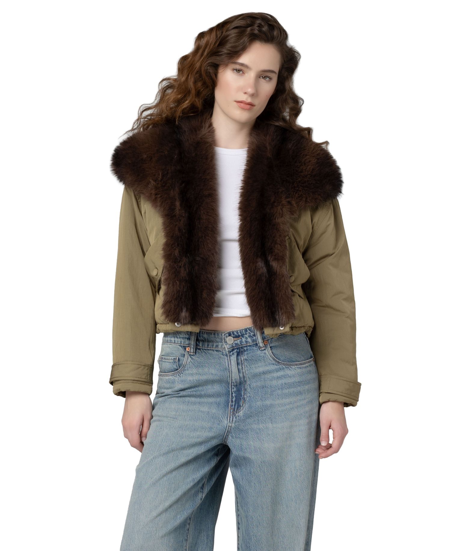 Women's Shawl Collar Faux-Fur Trim Cropped Jacket
