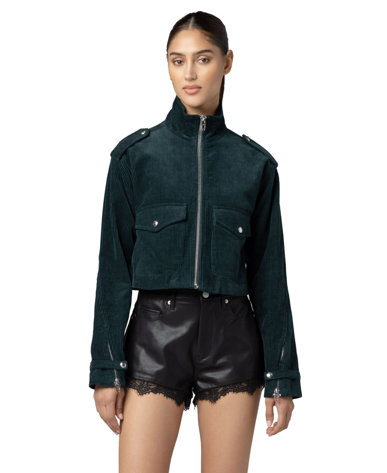 Women's Mock Neck Corduroy Cropped Jacket