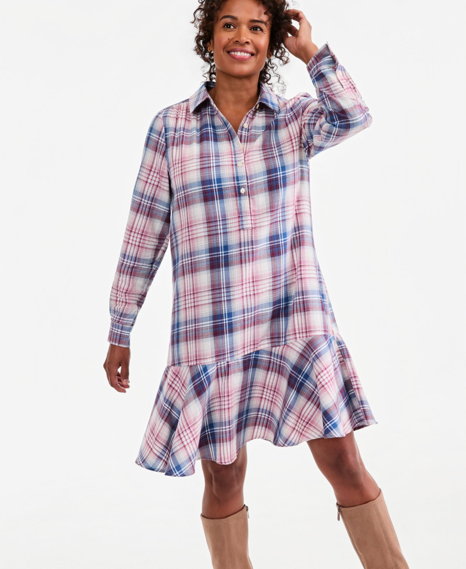 Women's Plaid Long-Sleeve Peplum Dress