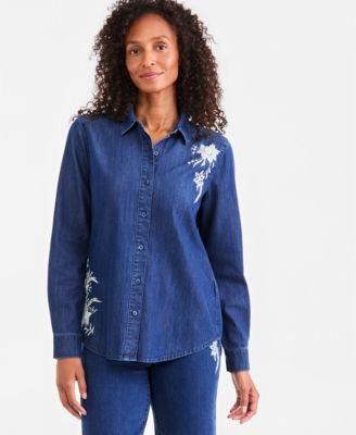 Women's Denim Long-Sleeve Floral-Embroidered Shirt