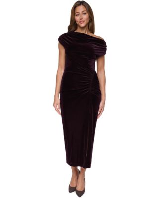 Women's Velvet Asymmetric Neck Shirred Midi Dress
