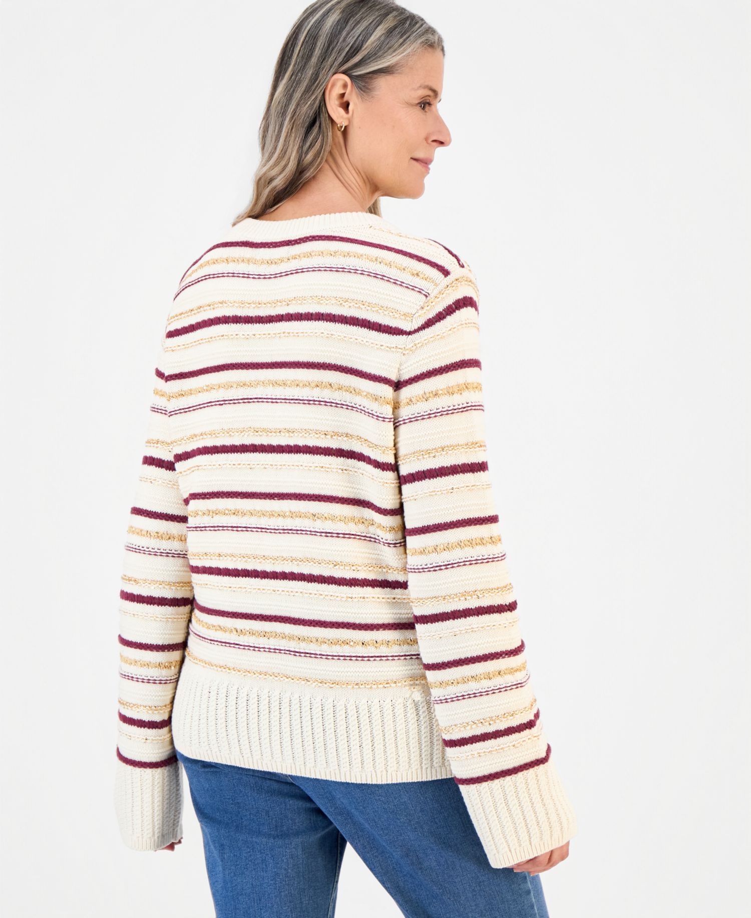 Women's Sequin Split-Neck Striped Sweater
