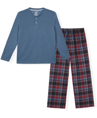 Boys' 6-18 Long-Sleeve Henley Neck Top and Navy Woven Plaid Pants Pajama, 2-Piece Set