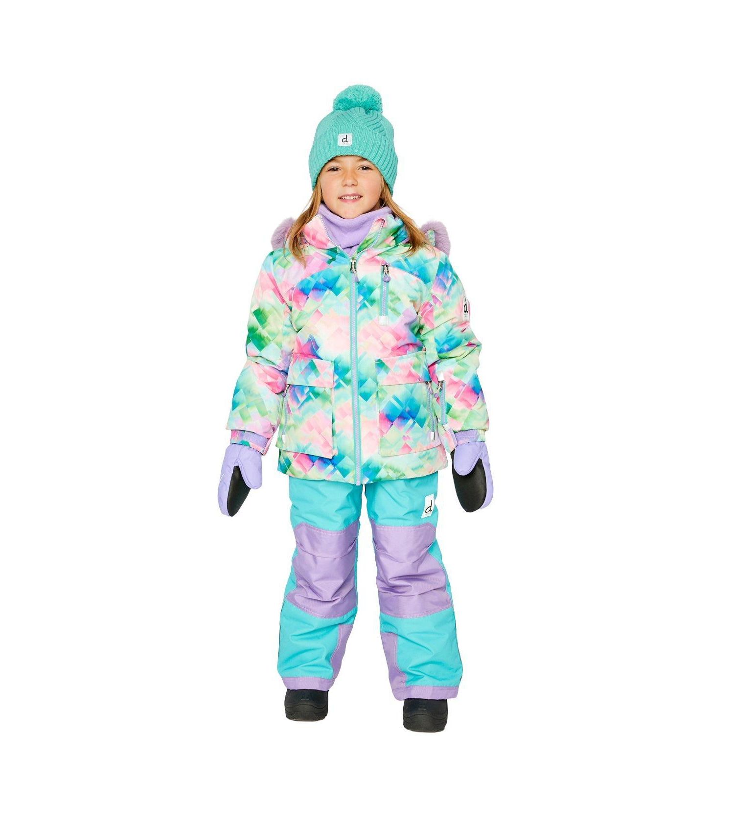 Big Girls Girl(6-14) Two Piece Play Snowsuit Multicolored with A Diamond Pattern with Turquoise and Purple Pants
