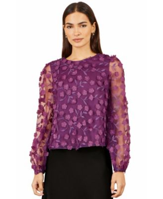 Women's Floral Applique Sheer Long-Sleeve Blouse
