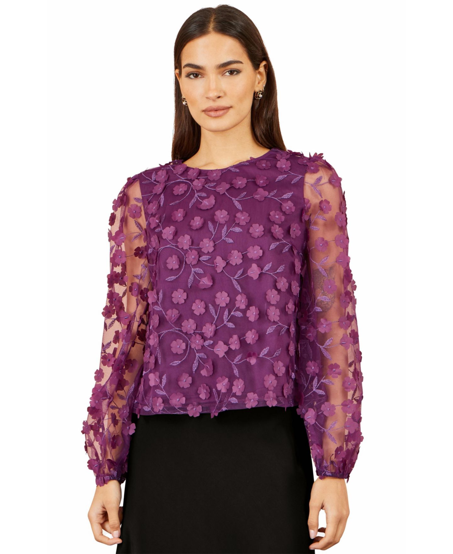 Женская блузка Yumi Floral Applique Sheer Long-Sleeve, цвет: Сливовый — фото 1