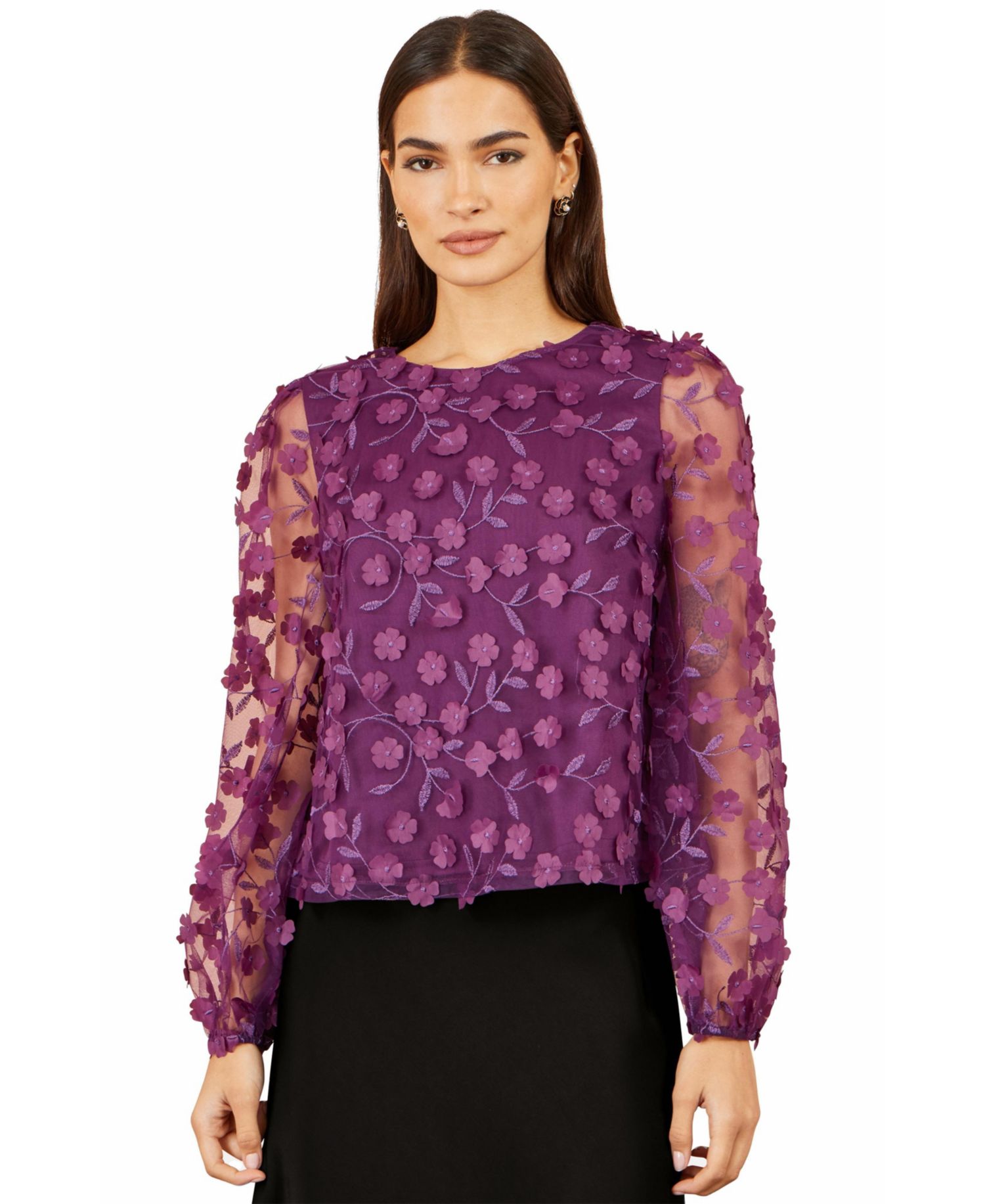 Women's Floral Applique Sheer Long-Sleeve Blouse