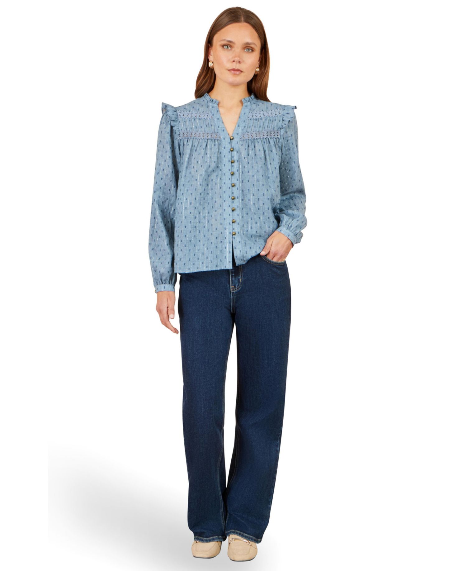 Women's Long-Sleeve Mandarin Collar Lace Detail Blouse