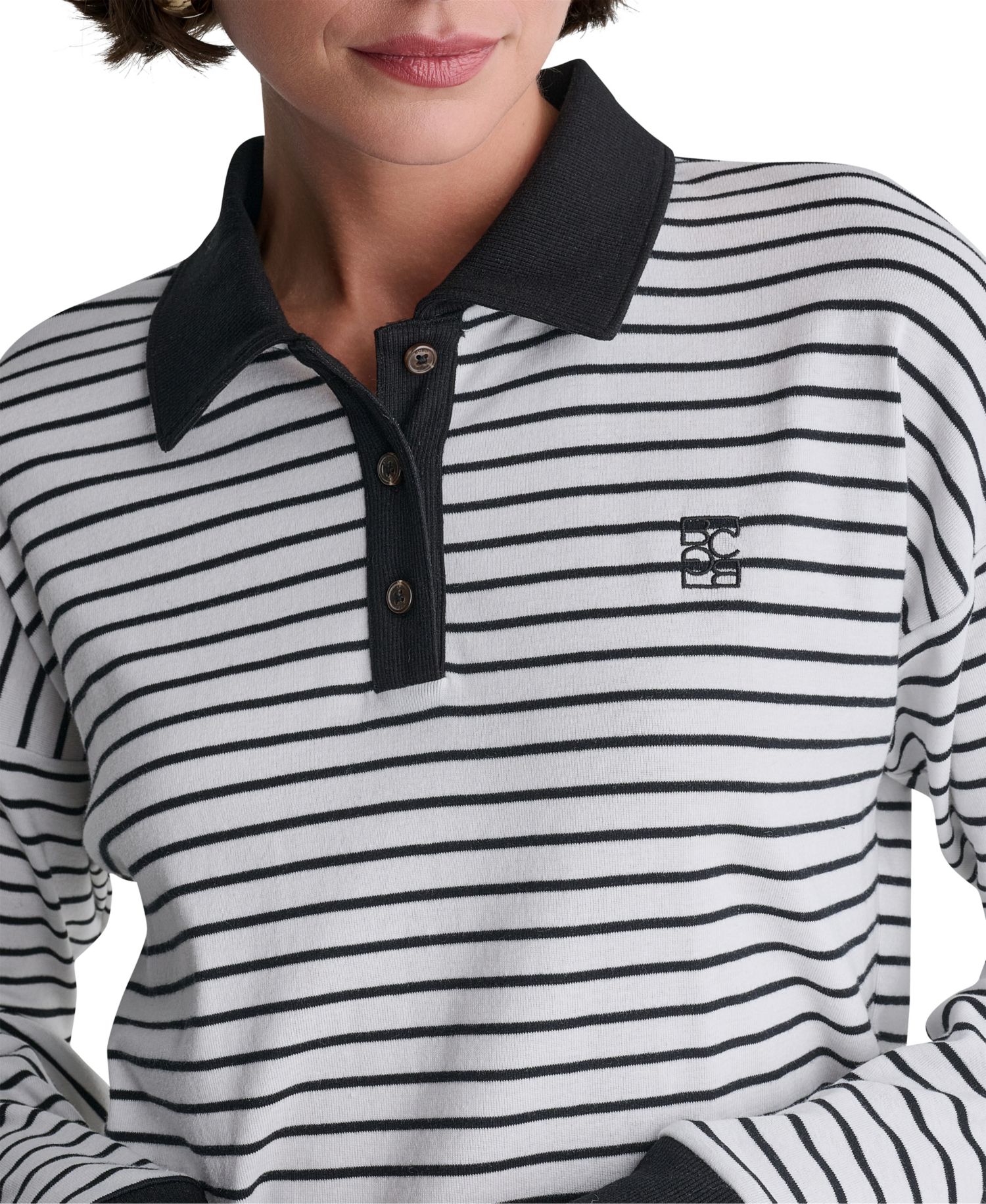 Women's Striped Collared Long-Sleeve Polo Top