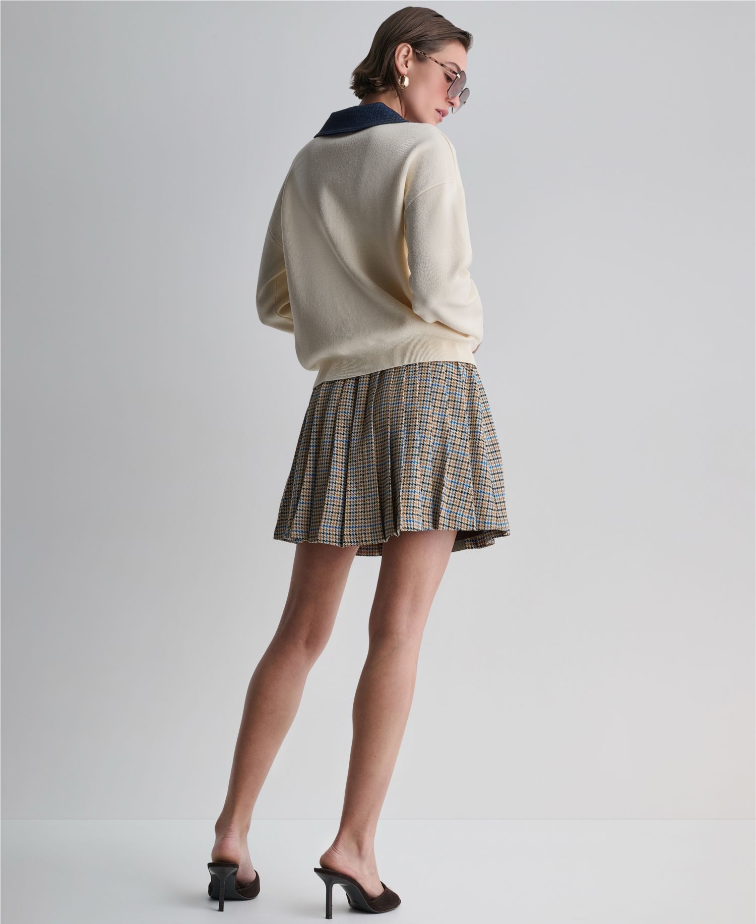 Women's Denim Trim Oversized Collared V-Neck Sweater