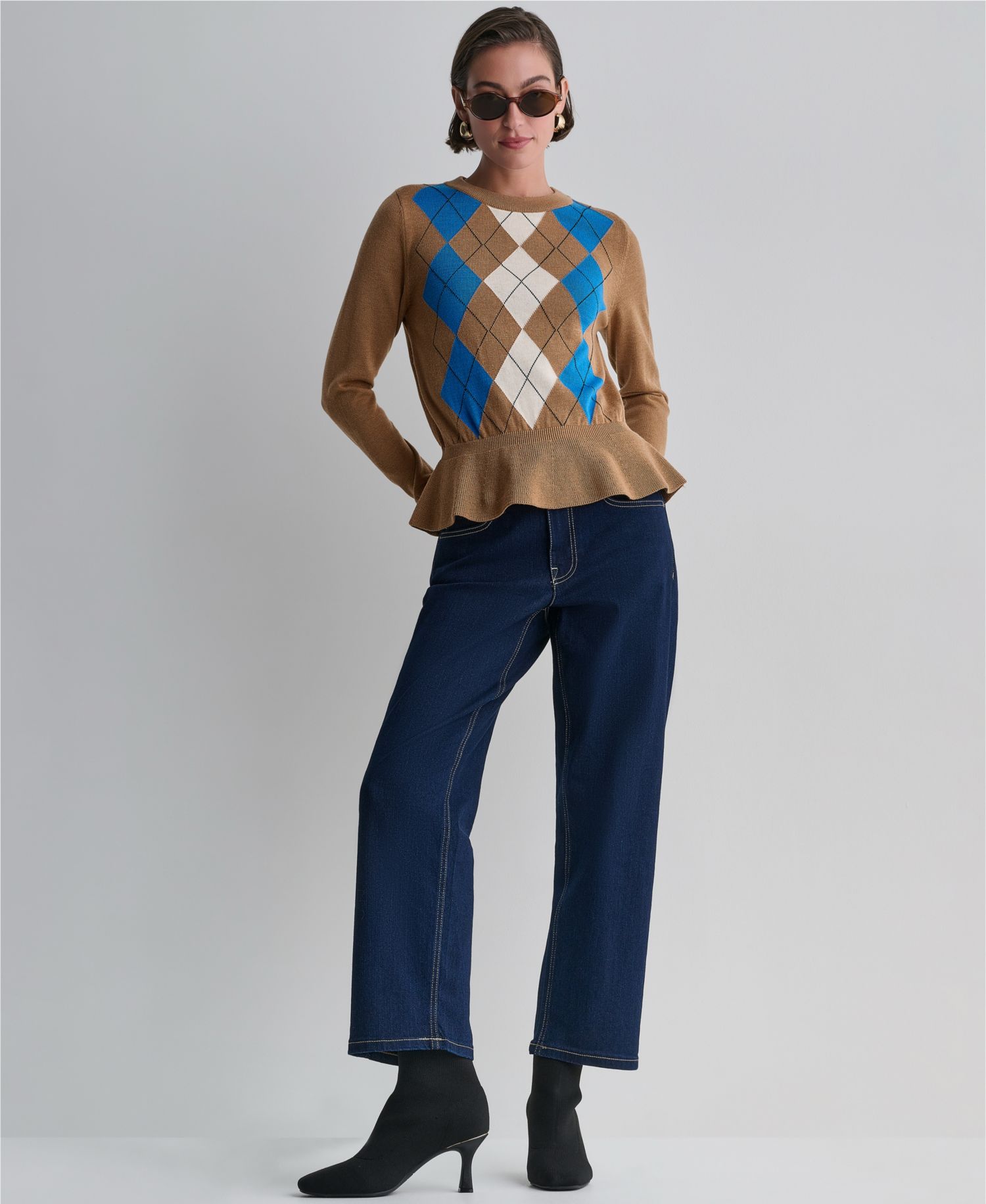 Women's Argyle Peplum Crewneck Sweater