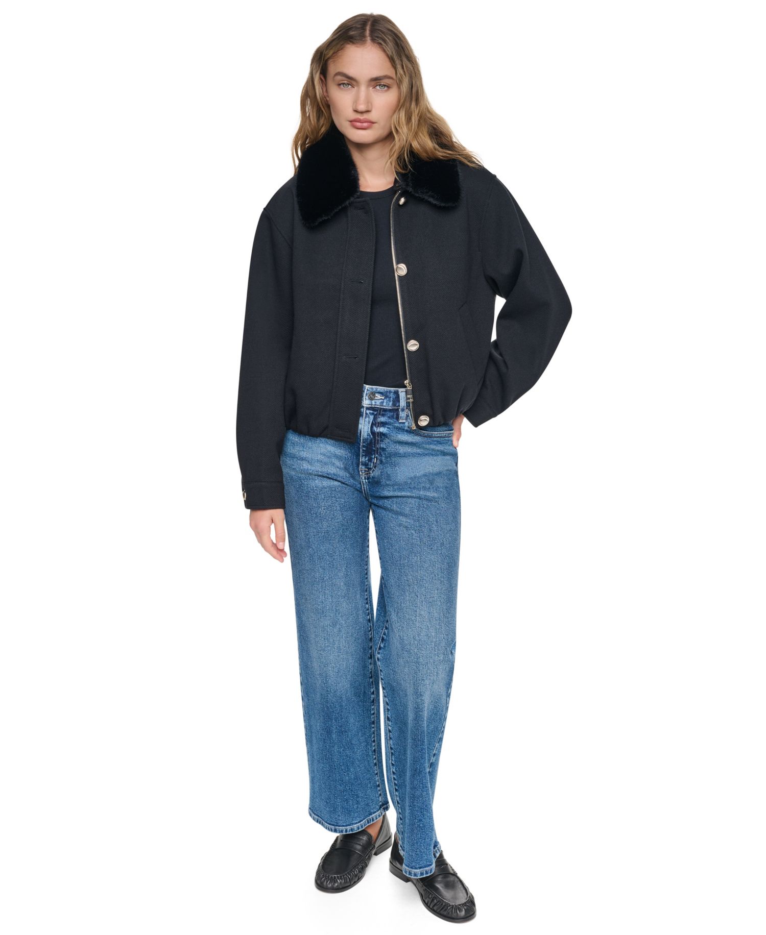 Women's Cropped Faux-Fur Collar Bomber Jacket