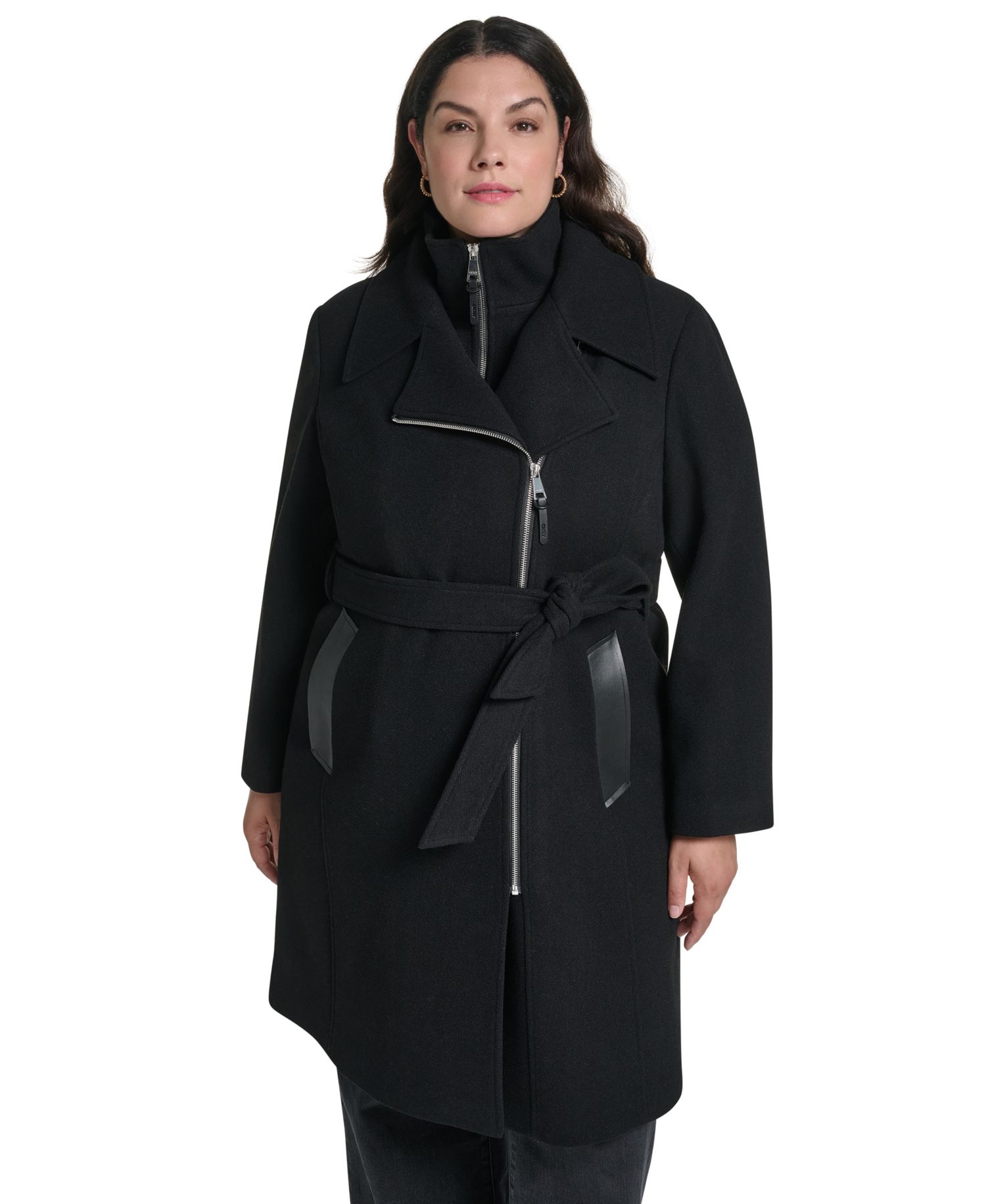 Plus Size Wool-Blend Belted Wrap Coat with Bib