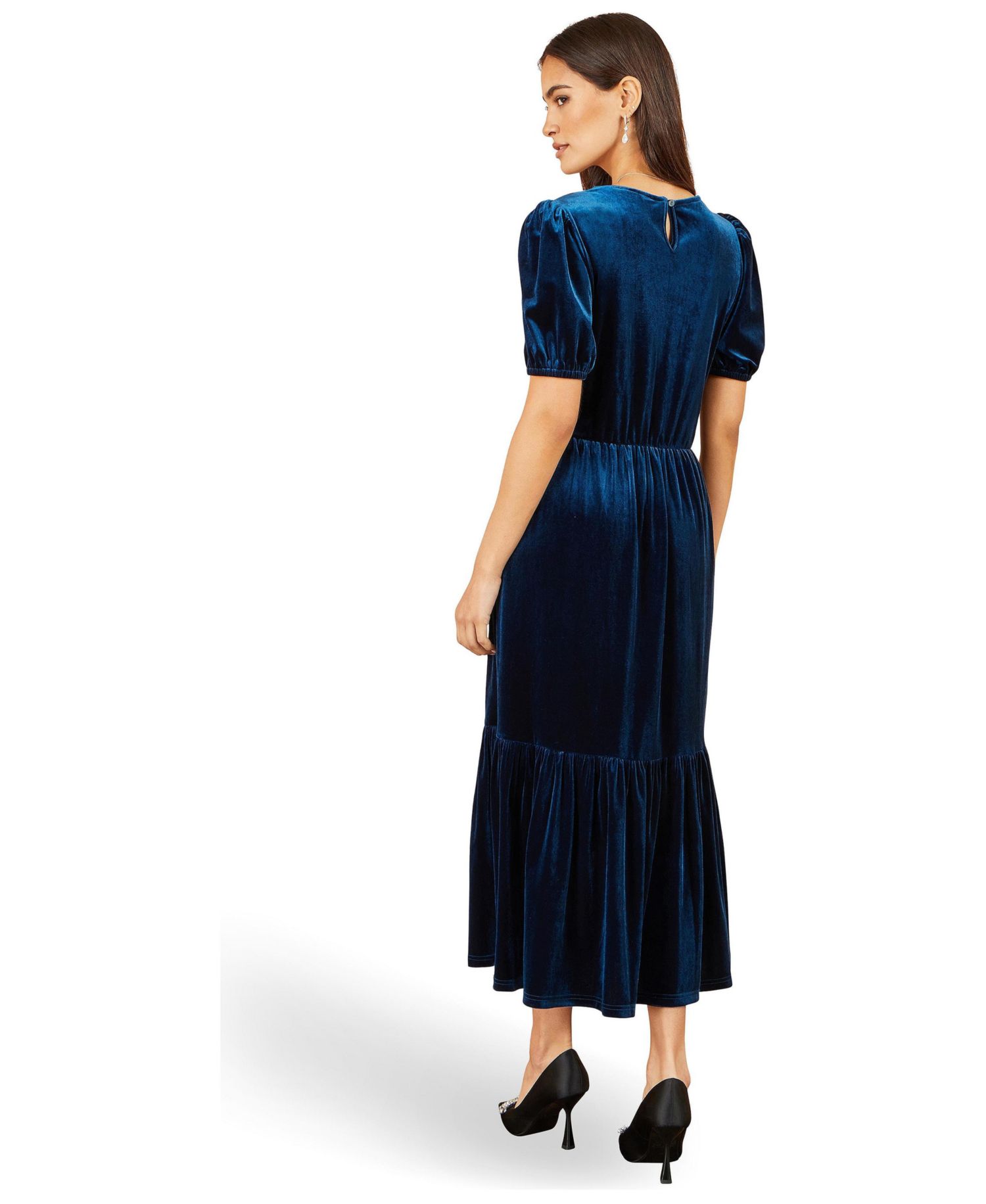 Women's Puff Sleeve V-Neck Velvet Midi Dress