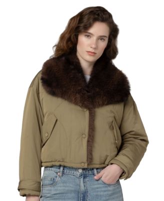 Women's Shawl Collar Faux-Fur Trim Cropped Jacket