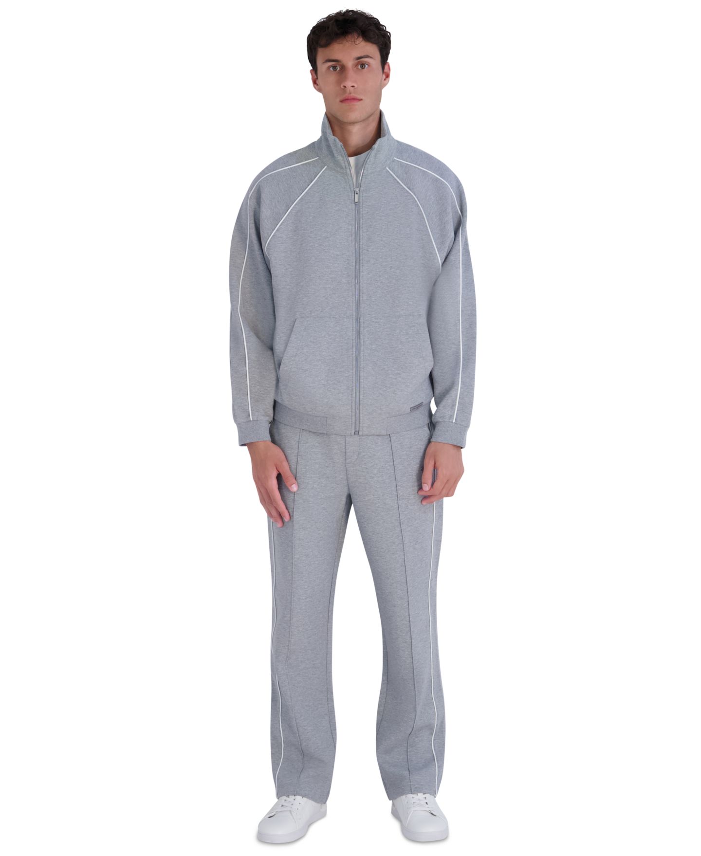 Мужская куртка KARL LAGERFELD PARIS Metal Logo Patch and Piping Detail Ponte Track, цвет: Меланжевый серый — фото 2