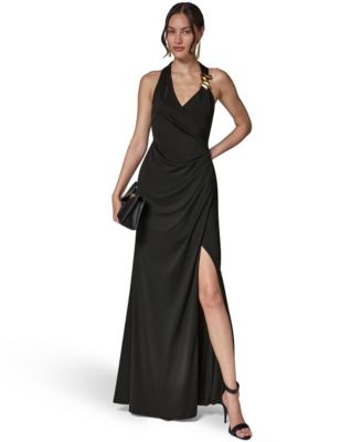 Women's Halter-Neck Draped Maxi Dress, Wedding Guest, Side Slit