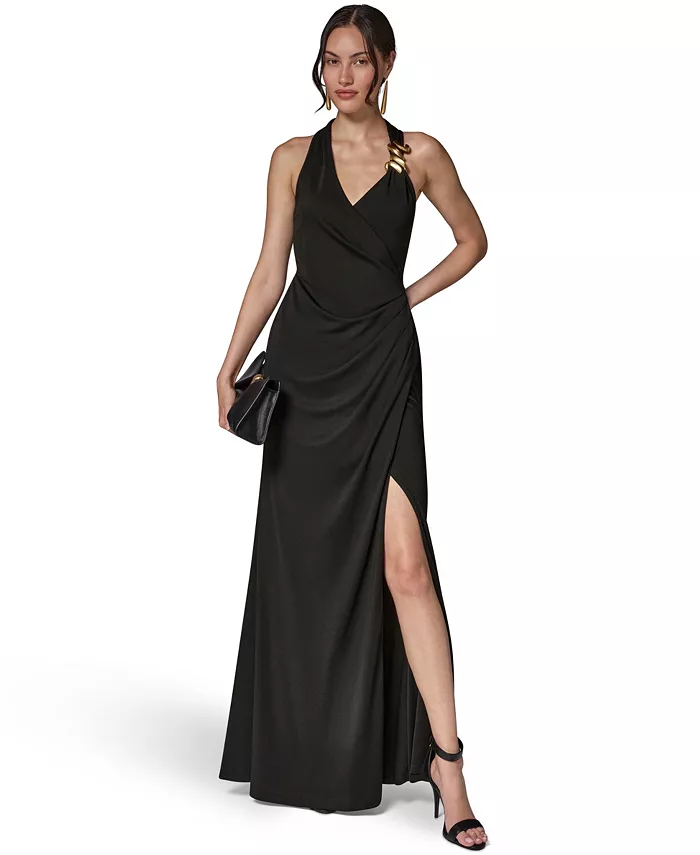 Women's Halter-Neck Draped Maxi Dress, Wedding Guest, Side Slit