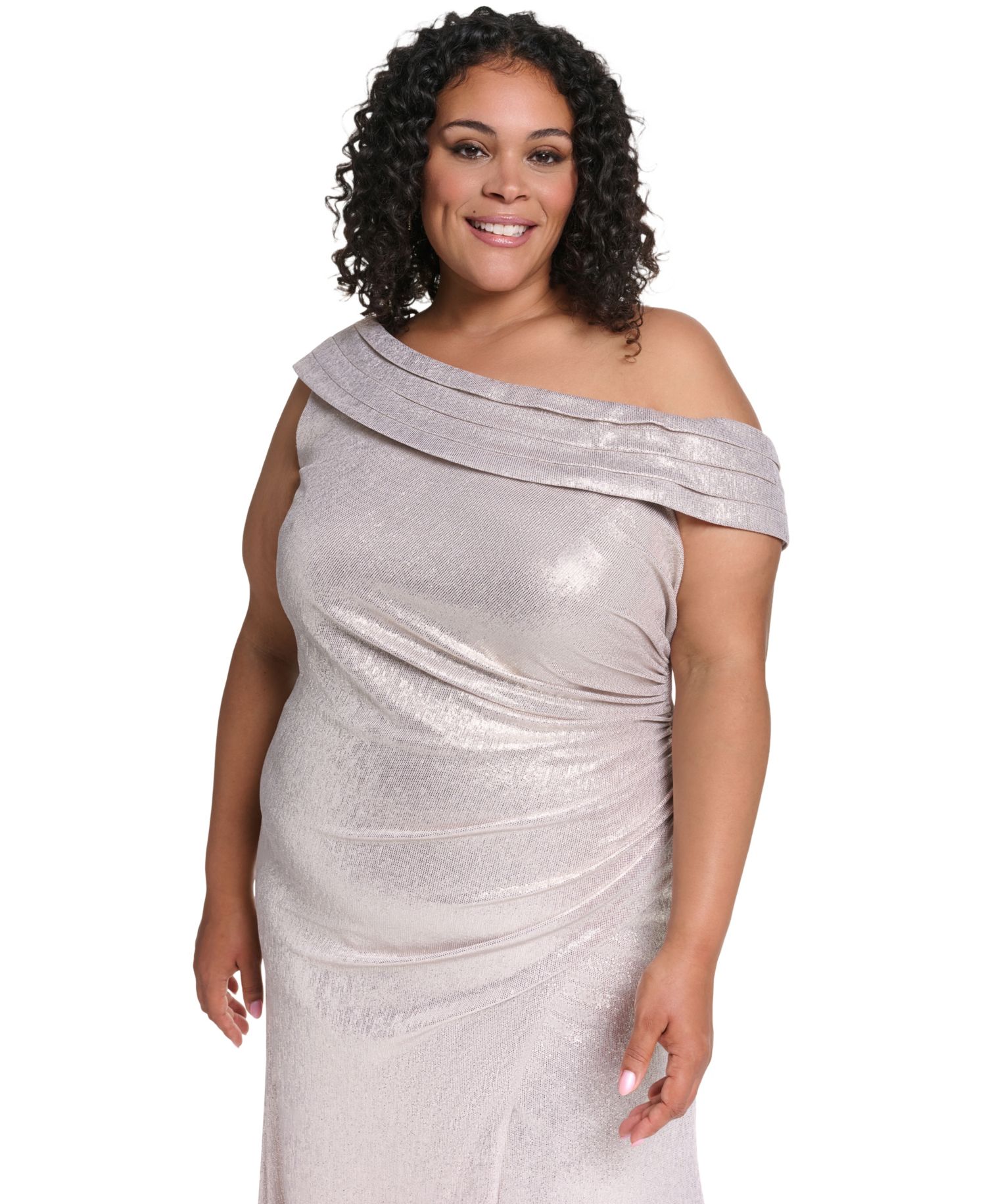 Plus Size One-Shoulder Metallic Front-Slit Gown