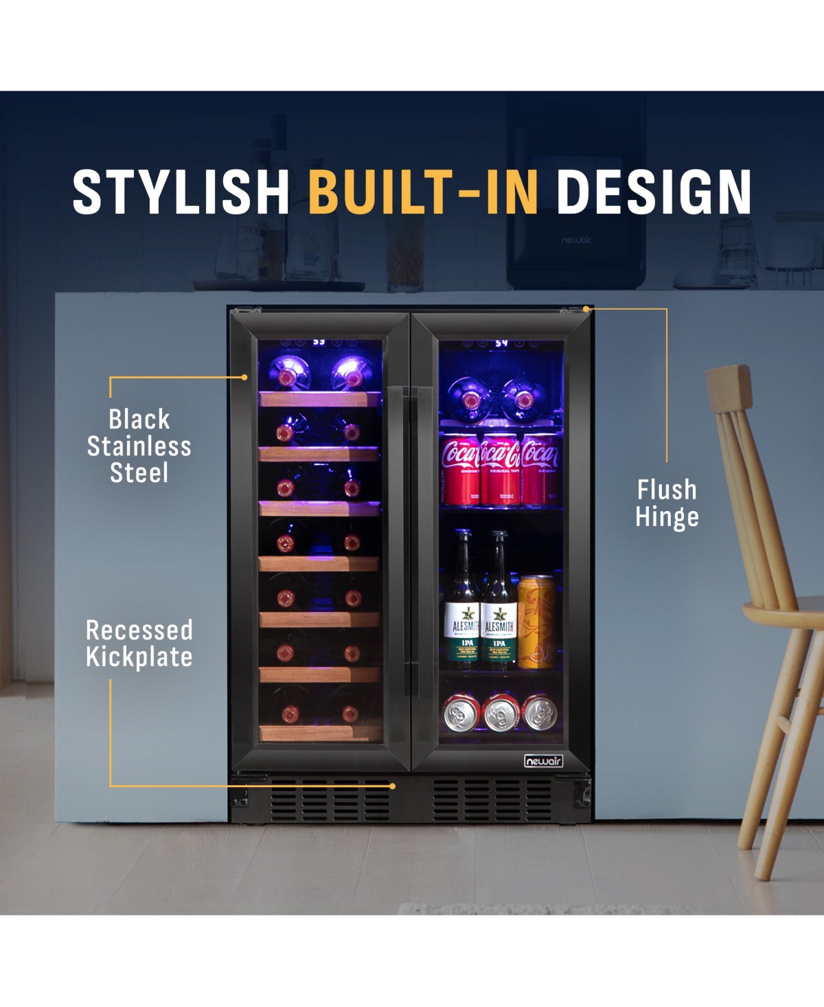 Newair Dual Zone 24 in. Built-In 20 Bottle and 78 Can Wine and Beverage Cooler with French Doors - Black Stainless Steel