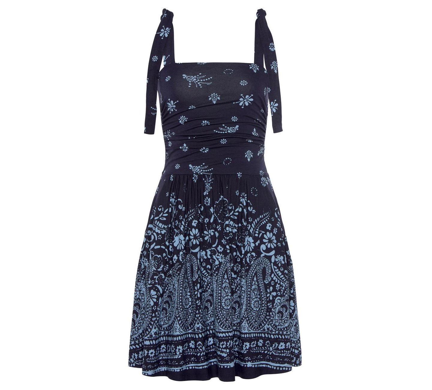 Женское платье Lascana Viscose Printed Tie Strap with Pockets Elastic-Waist Short, цвет: Тёмно-синий с принтом — фото 4