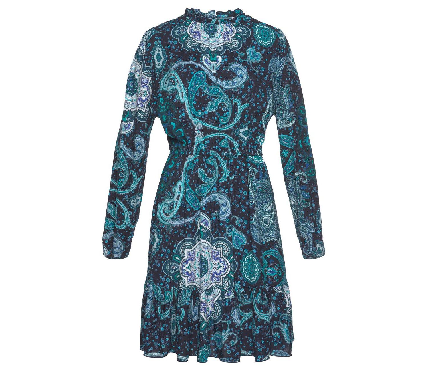 Women's Viscose Paisley Print High Neck Ruffle-Trim Short Dress
